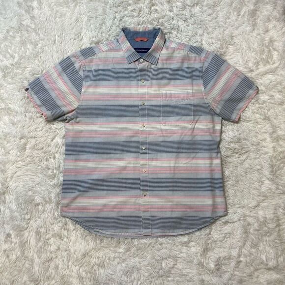 Tommy Bahama Shirt 100% Cotton Stripe Pink Blue Short Sleeve Hawaiian Camp Fishi - Picture 1 of 8